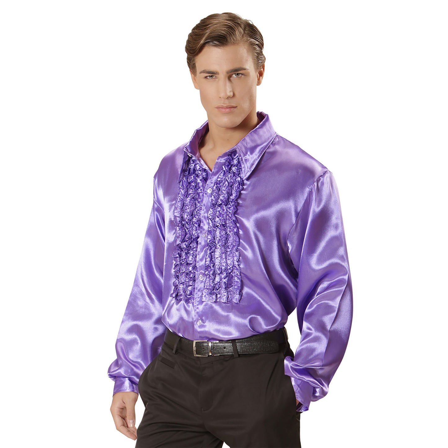 "70er JAHRE DISCO FASHION - VIOLETT" (Rüschenhemd aus Satin) – Vorderansicht