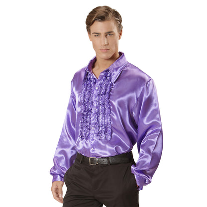 "70er JAHRE DISCO FASHION - VIOLETT" (Rüschenhemd aus Satin) – Vorderansicht