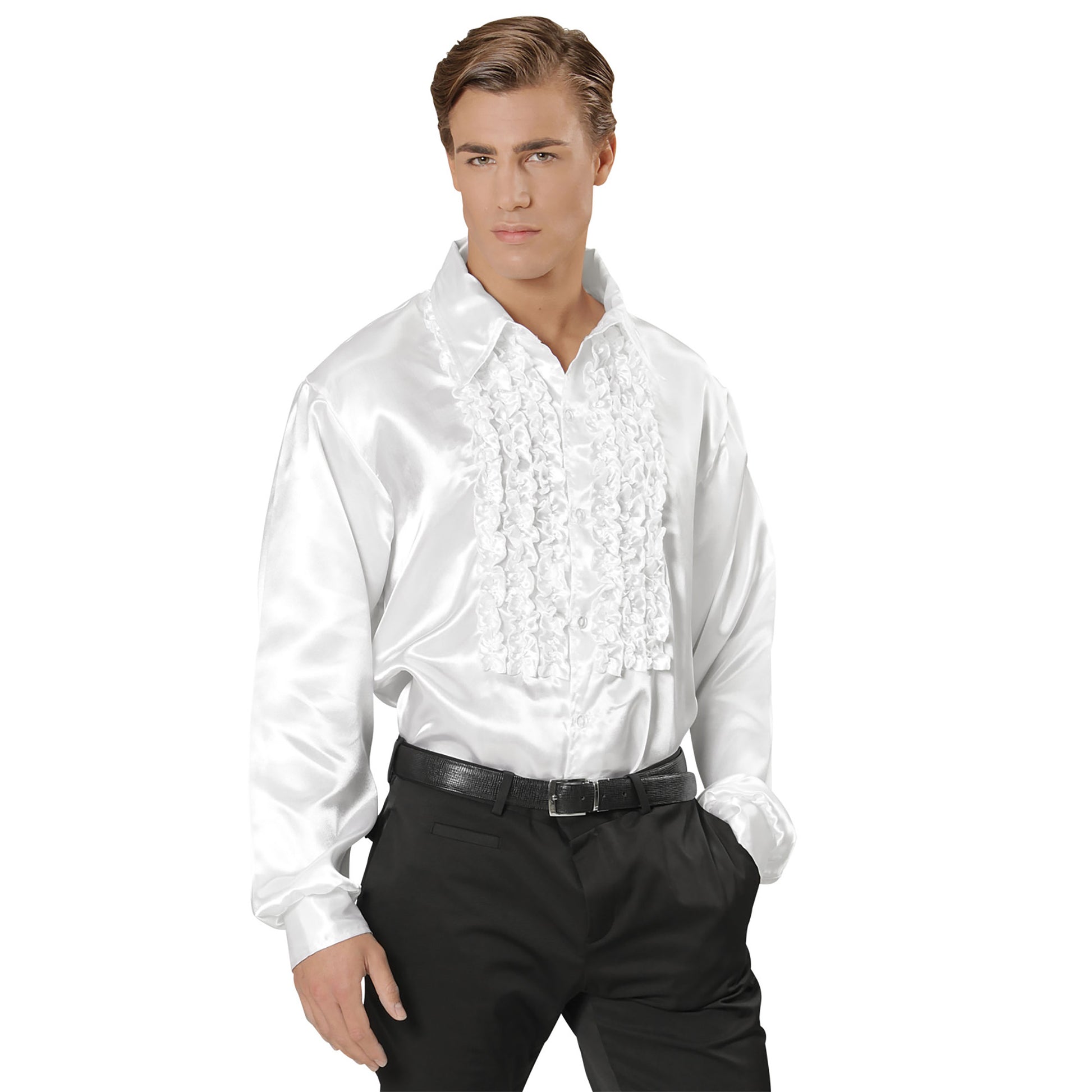 "70er JAHRE DISCO FASHION - WEISS" (Rüschenhemd aus Satin) – Vorderansicht