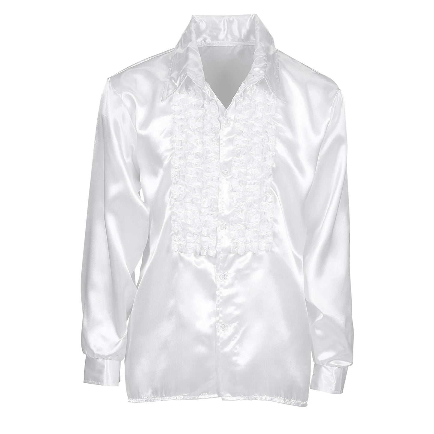 "70er JAHRE DISCO FASHION - WEISS" (Rüschenhemd aus Satin) – Detailansicht