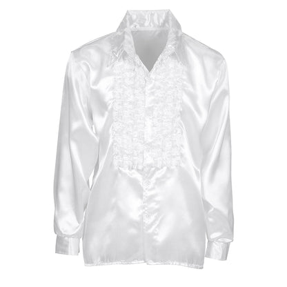 "70er JAHRE DISCO FASHION - WEISS" (Rüschenhemd aus Satin) – Detailansicht