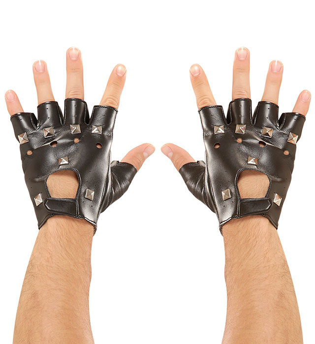Fingerlose Nietenhandschuhe in schwarzer Lederoptik mit auffälligen Nieten