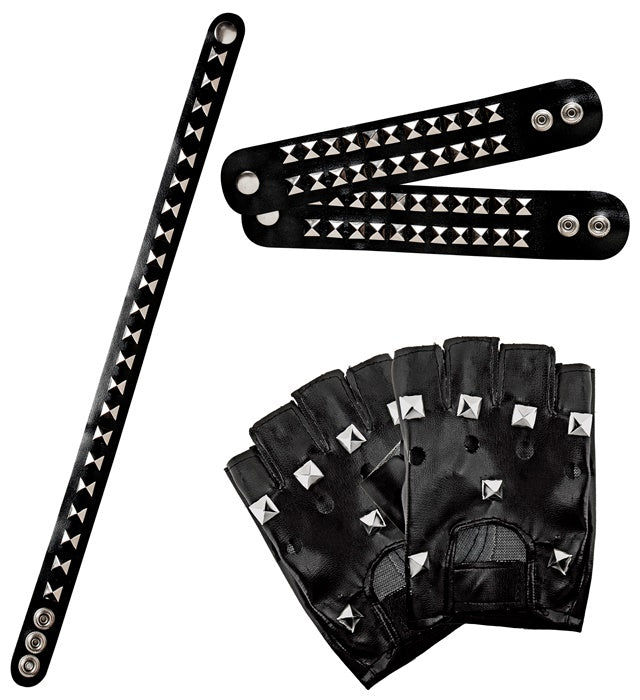 Biker-Set mit Nieten: Handschuhe, zwei Armbänder und Halsband aus schwarzem Kunstleder