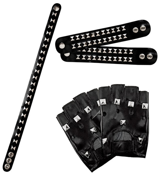 Biker-Set mit Nieten: Handschuhe, zwei Armbänder und Halsband aus schwarzem Kunstleder