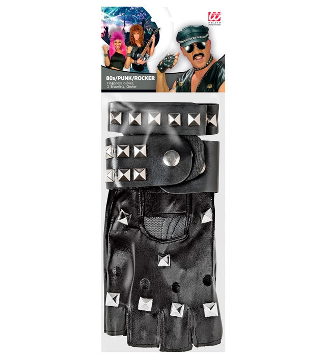 Biker-Set mit Nieten: Handschuhe, zwei Armbänder und Halsband aus schwarzem Kunstleder