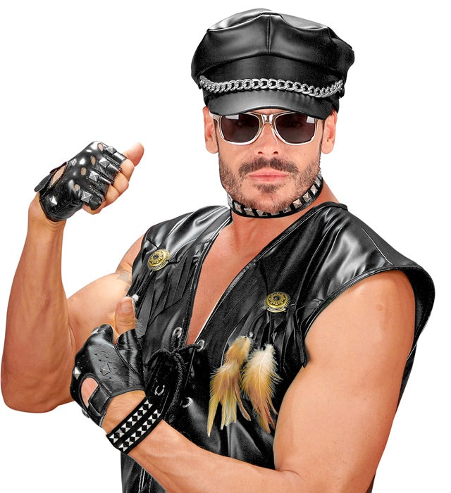 Biker-Set mit Nieten: Handschuhe, zwei Armbänder und Halsband aus schwarzem Kunstleder