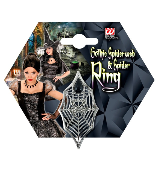 Gotischer Ring mit Spinne, Spinnennetz und schwarzem Edelstein