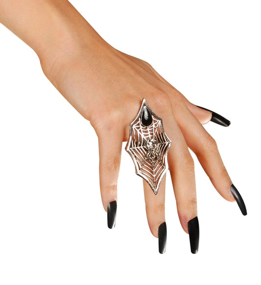 SPINNE UND SPINNENNETZ GOTISCHER RING MIT SCHWARZEM EDELSTEIN Silber