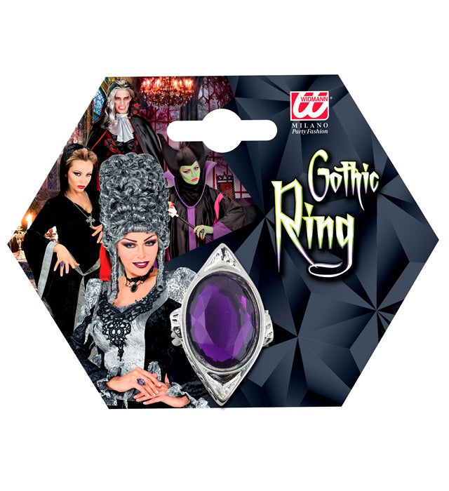 Gotischer Ring mit violettem Edelstein auf schwarzem Hintergrund