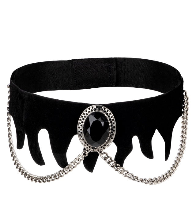 Gotisches schwarzes Samthalsband mit schwarzem Edelstein und Ketten-Details