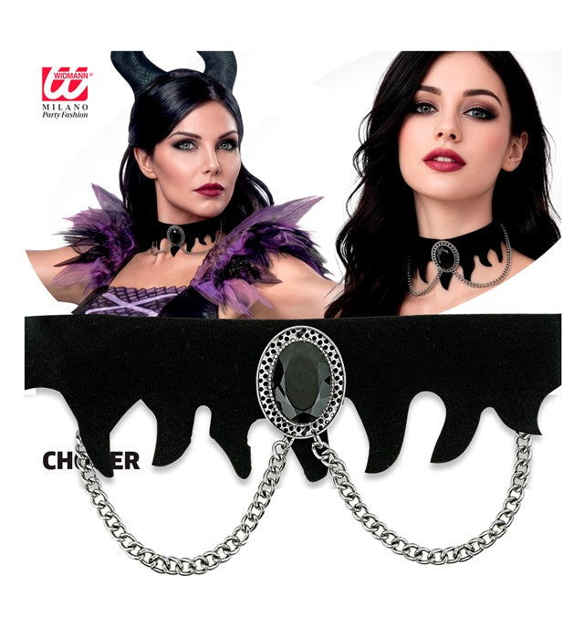 Gotisches schwarzes Samthalsband mit schwarzem Edelstein und Ketten-Details