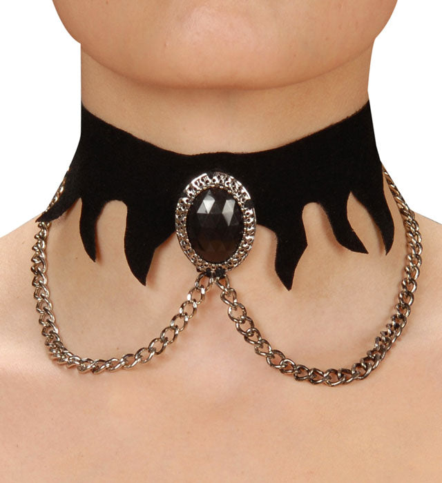 Gotisches schwarzes Samthalsband mit schwarzem Edelstein und Ketten-Details