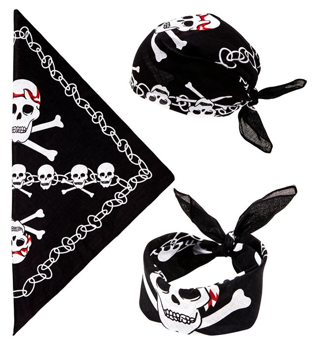 Schwarzes Piraten-Bandana mit weissem Totenkopf auf 55x55 cm Baumwollstoff