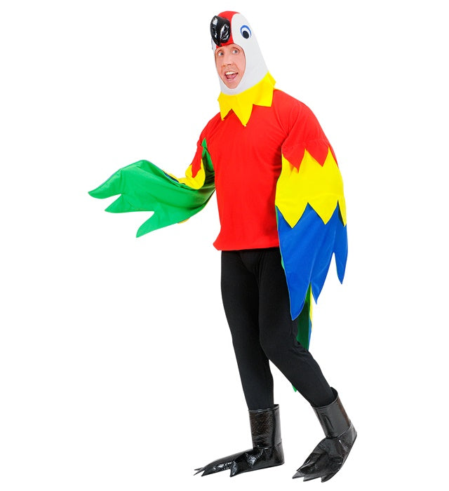 Papagei-Kostüm mit farbenfroher Kopfbedeckung und Vogelfüßen für Fasnacht