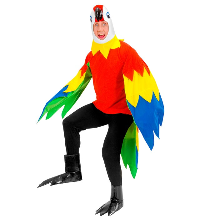 Papagei-Kostüm mit farbenfroher Kopfbedeckung und Vogelfüßen für Fasnacht