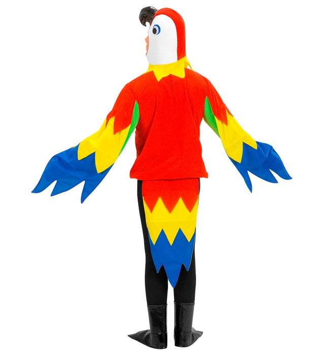 Papagei-Kostüm mit farbenfroher Kopfbedeckung und Vogelfüßen für Fasnacht