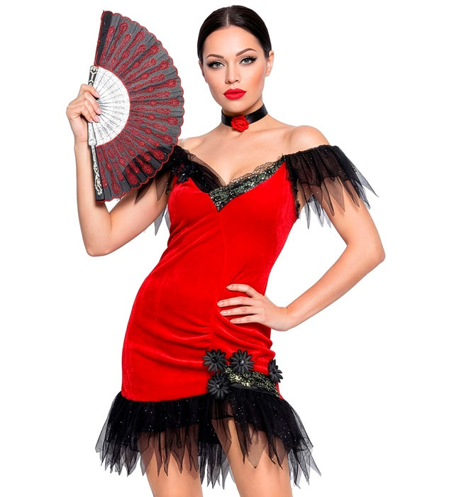 Spanierin Kostüm mit rotem Kleid und Halsband mit Rose für Fasnacht und Karneval