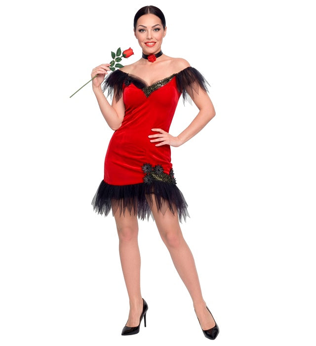 Spanierin Kostüm mit rotem Kleid und Halsband mit Rose für Fasnacht und Karneval