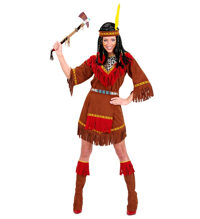 Indianerin Kostüm mit Kleid, Schürze, Stiefelüberziehern und Federstirnband