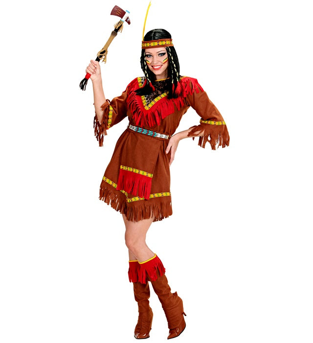 Indianerin Kostüm mit Kleid, Schürze, Stiefelüberziehern und Federstirnband
