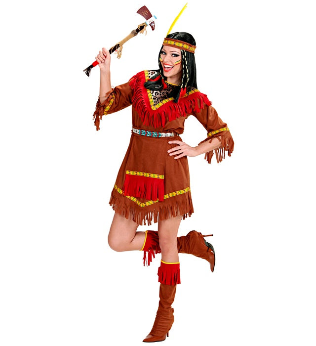 Indianerin Kostüm mit Kleid, Schürze, Stiefelüberziehern und Federstirnband