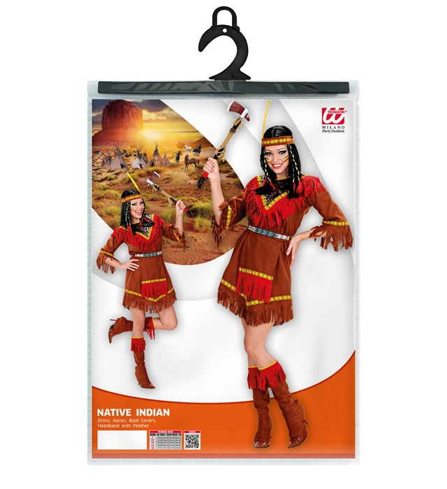 Indianerin Kostüm mit Kleid, Schürze, Stiefelüberziehern und Federstirnband
