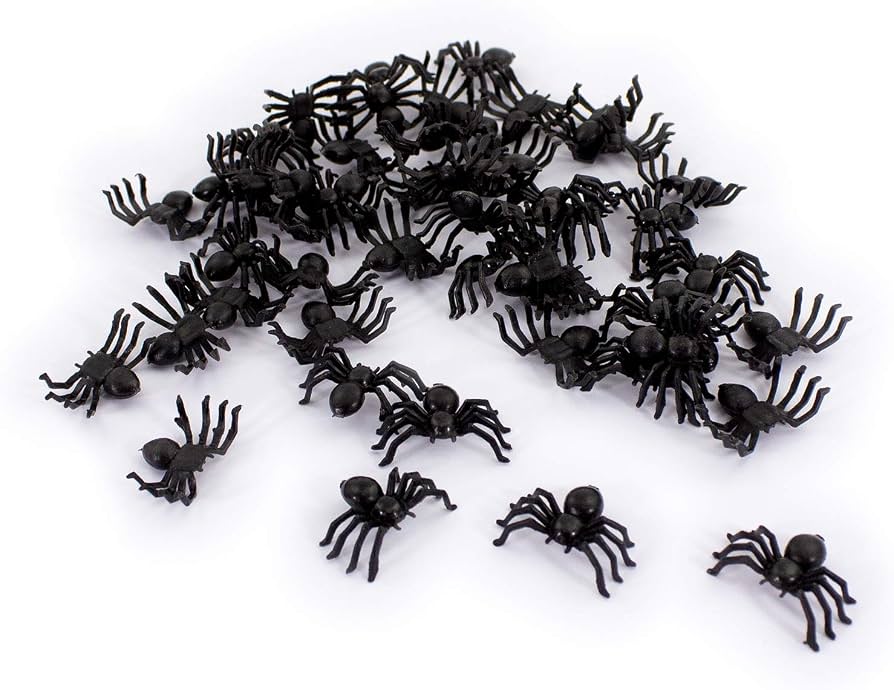 Chaks Set mit 18 schwarzen Miniatur-Spinnen für Halloween-Dekoration – Produktansicht