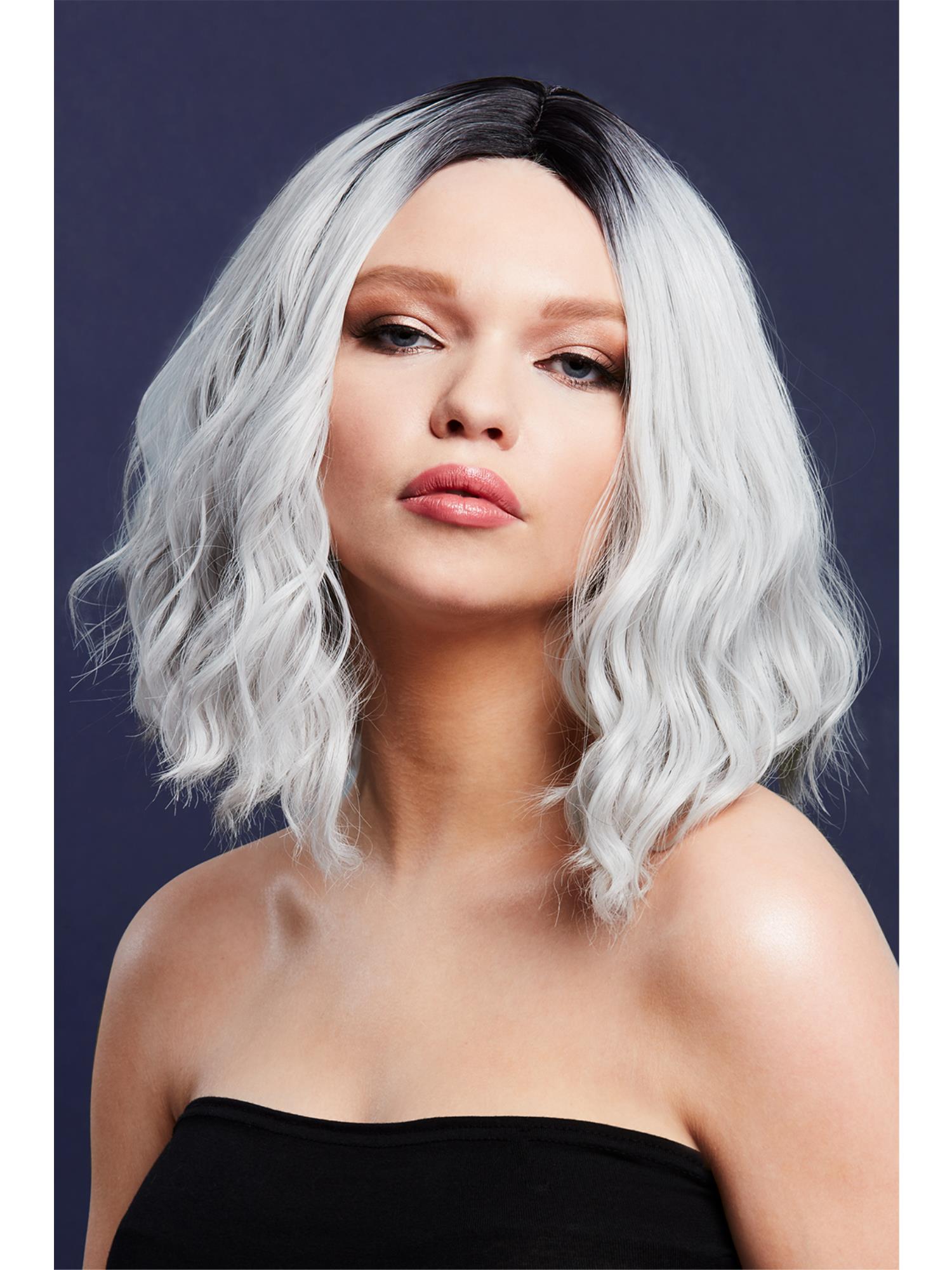 Smiffys Fever Cara Peruecke Ice Silver zweifarbig Long Bob – Detailansicht
