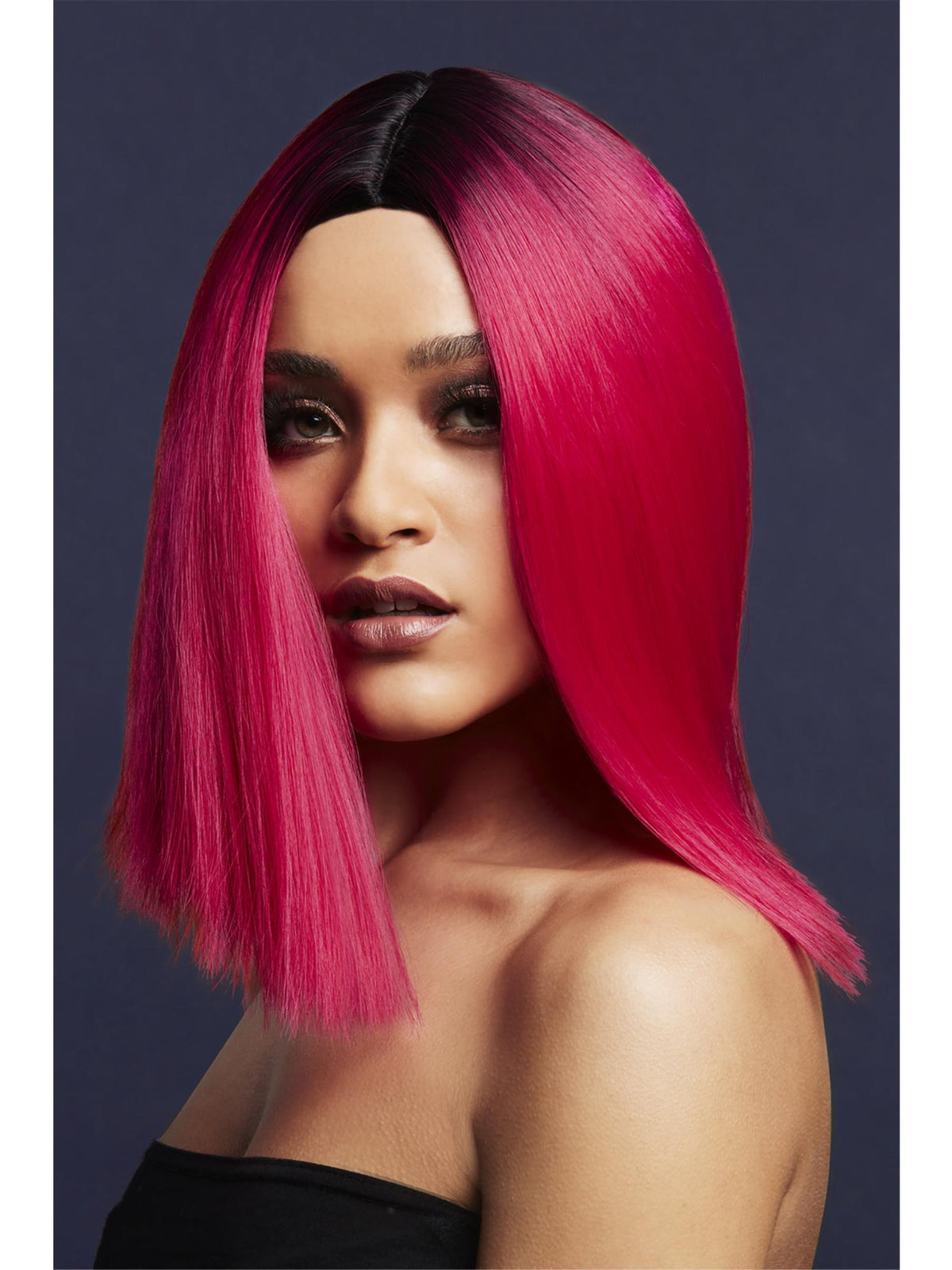 Smiffys Fever Kylie Perücke zweifarbig Magenta-Pink Inverted Long Bob – Detailansicht