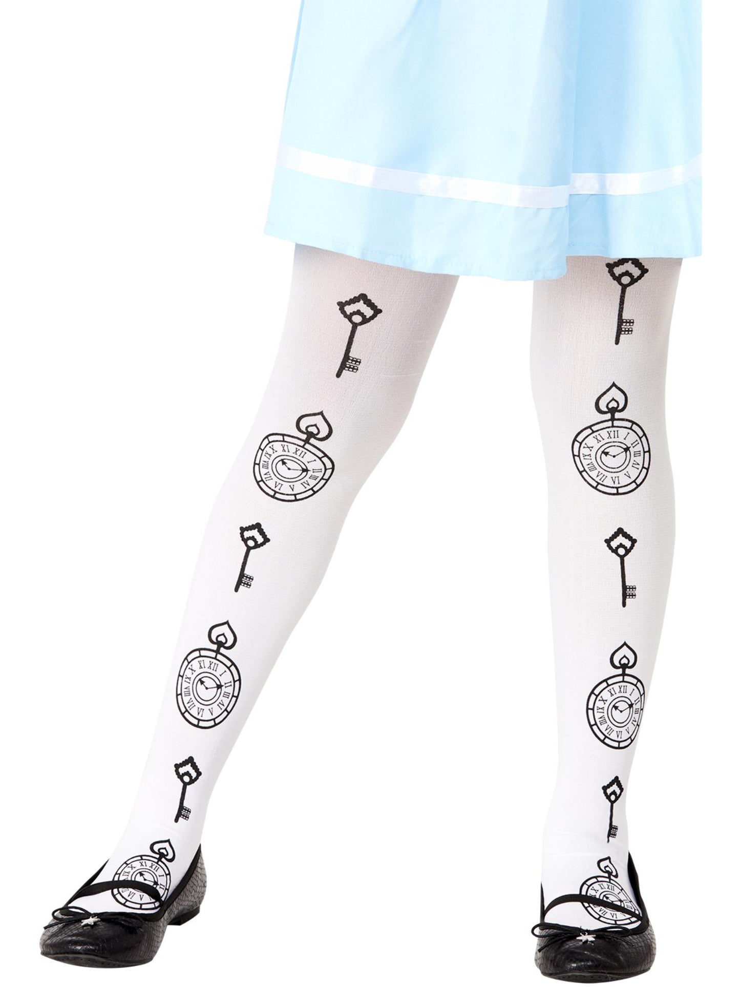 Smiffys STORYBOOK Wonderland Strumpfhose weiss mit Uhrmotiv für Mädchen 6–12 Jahre