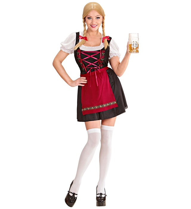 Bayerisches Kellnerinnen-Kostüm mit Kleid, Bluse und Schürze auf weißem Hintergrund