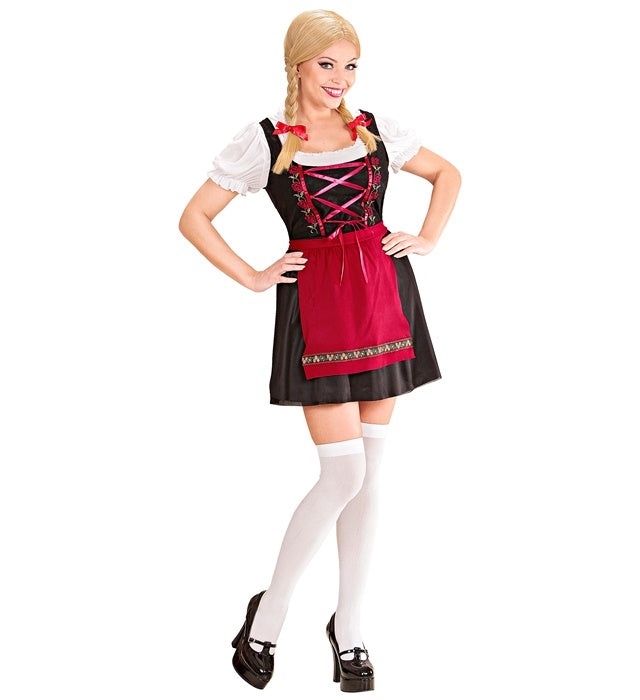 Bayerisches Kellnerinnen-Kostüm mit Kleid, Bluse und Schürze auf weißem Hintergrund