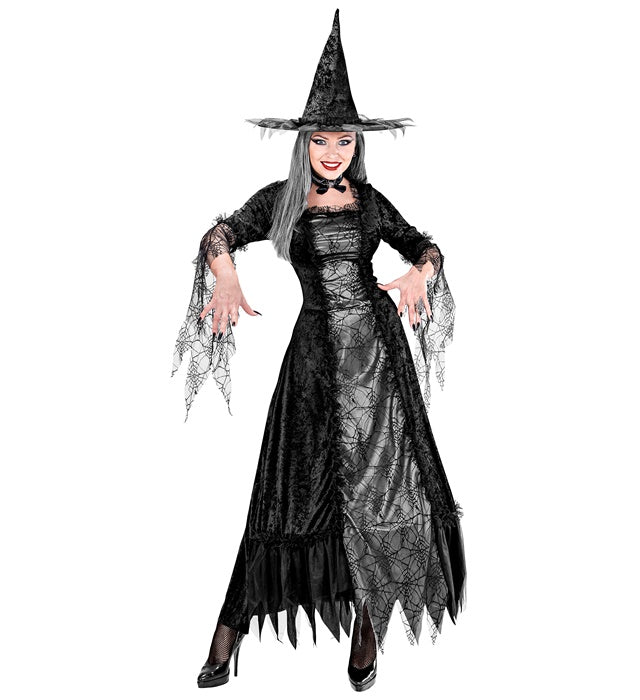 Spiderweb Witch Kostüm mit Reifrock und Hexenhut in Schwarz