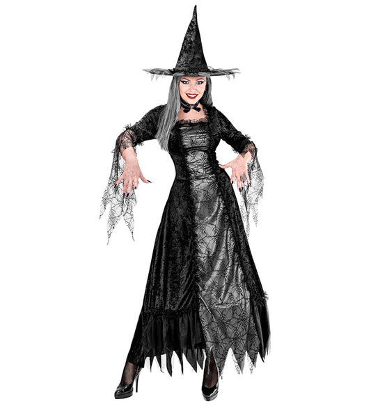 Spiderweb Witch Kostüm mit Reifrock und Hexenhut in Schwarz