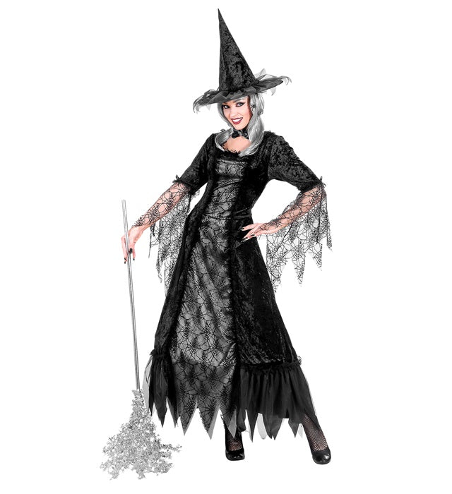 Spiderweb Witch Kostüm mit Reifrock und Hexenhut in Schwarz