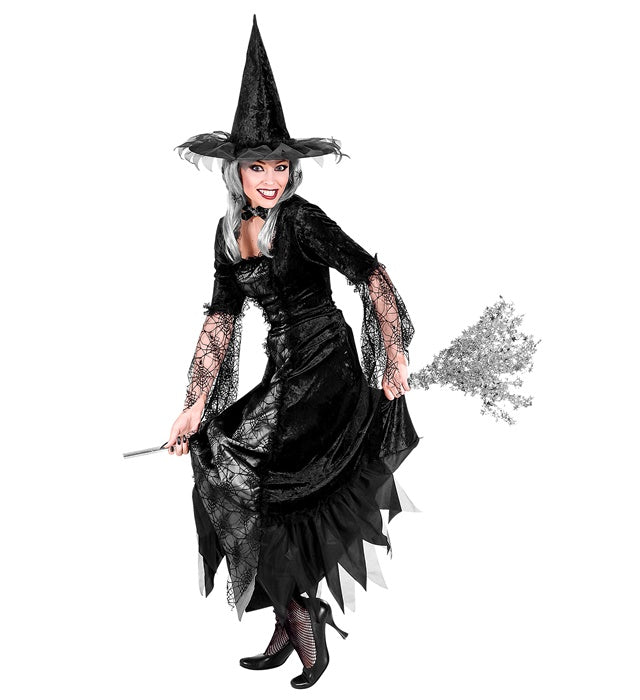 Spiderweb Witch Kostüm mit Reifrock und Hexenhut in Schwarz