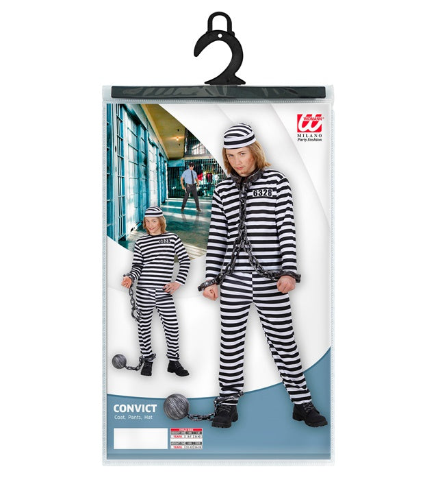 Häftling Kostüm weiss-schwarz bestehend aus Oberteil, Hose und Mütze auf weissem Hintergrund