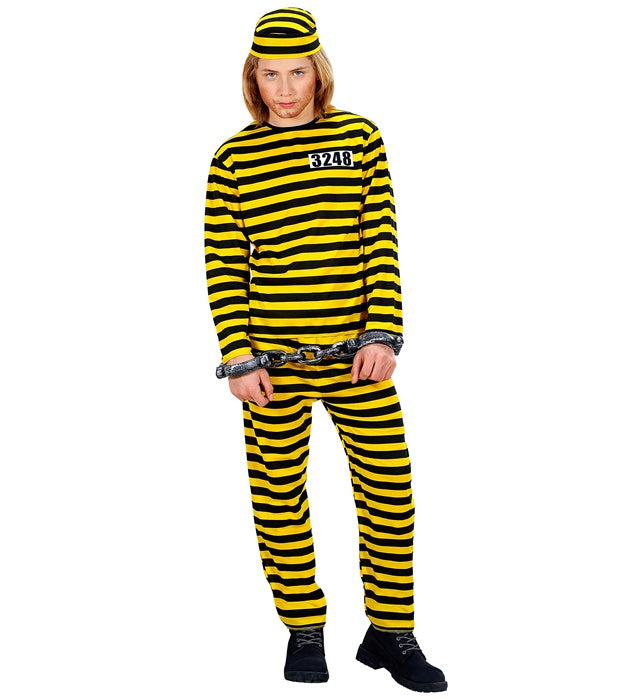 Häftling Kostüm Set in Gelb und Schwarz bestehend aus Oberteil, Hose und Mütze