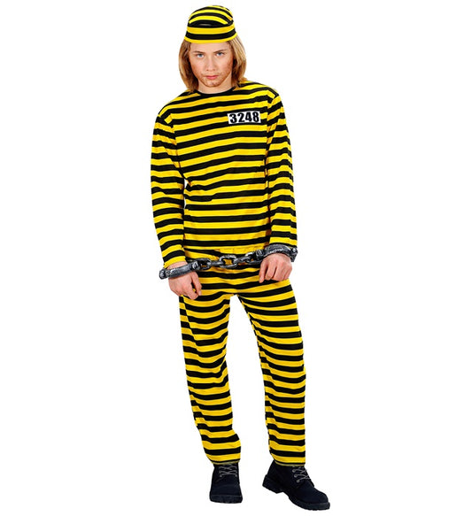 Häftling Kostüm Set in Gelb und Schwarz bestehend aus Oberteil, Hose und Mütze