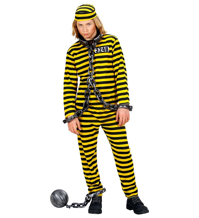 Häftling Kostüm Set in Gelb und Schwarz bestehend aus Oberteil, Hose und Mütze
