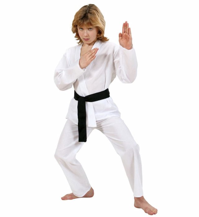 Karate Kid Kostüm mit schwarzem Gürtel, Mantel und Hose für Fasnacht