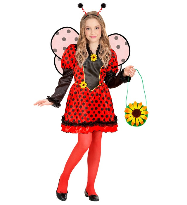Marienkäfer-Kostüm mit rotem Kleid, schwarzen Flügeln und Antennen für Fasnacht