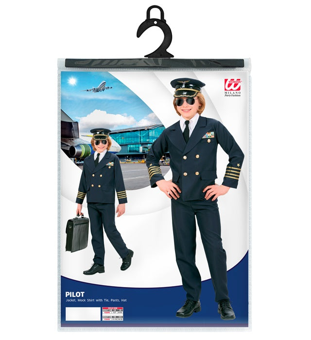 Pilot Kostüm mit Jacke, Hose, Krawattenkragen und Hut auf hellem Hintergrund