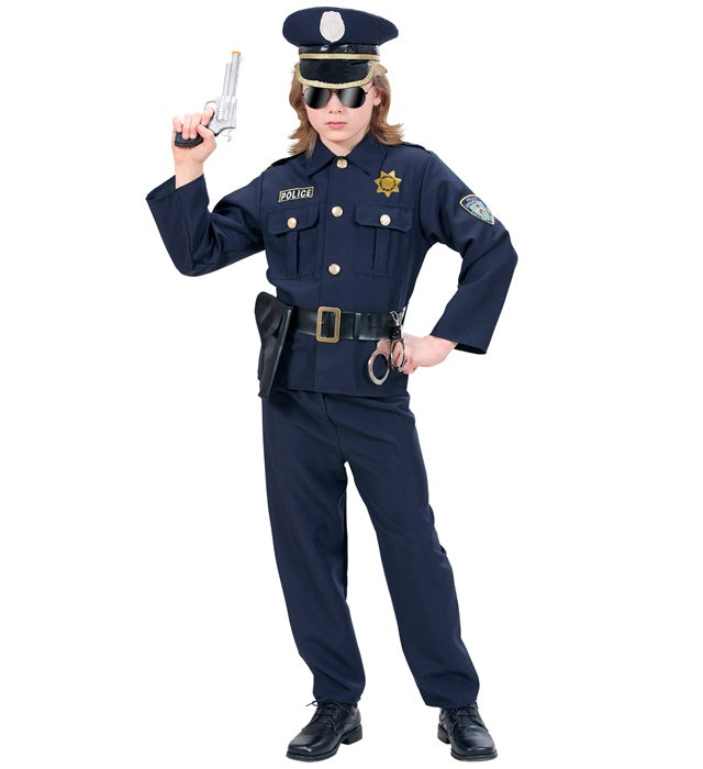 Polizisten-Kostüm Set mit Oberteil, Hose, Gürtel und Mütze auf weissem Hintergrund