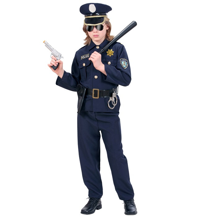 Polizisten-Kostüm Set mit Oberteil, Hose, Gürtel und Mütze auf weissem Hintergrund