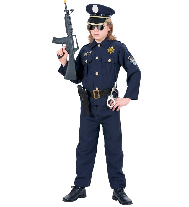 Polizisten-Kostüm Set mit Oberteil, Hose, Gürtel und Mütze auf weissem Hintergrund