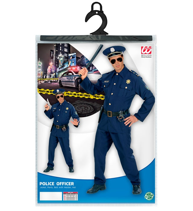 Polizist-Kostüm bestehend aus Kasack, Hose, Gürtel mit Halfter und Mütze auf weißem Hintergrund