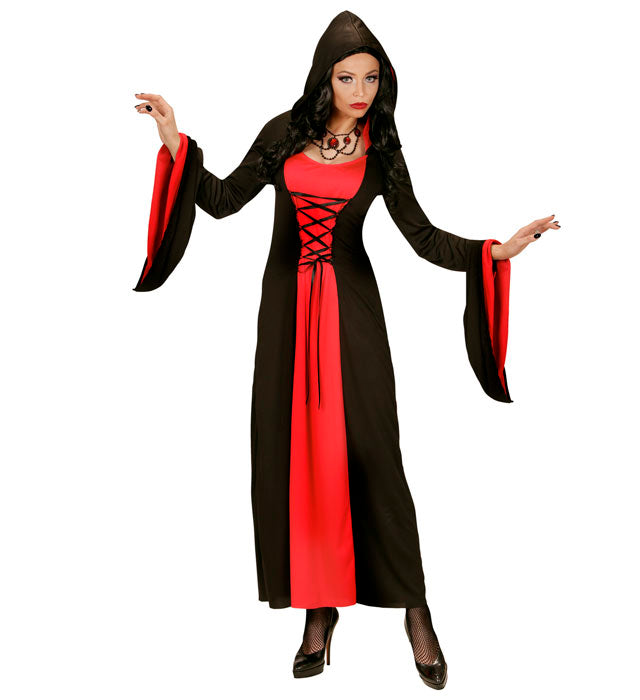 Schwarzes Gothic Lady Kleid mit Kapuze für Fasnacht und Mottopartys