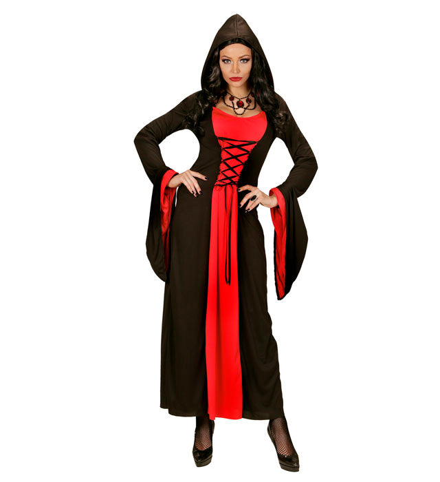 Schwarzes Gothic Lady Kleid mit Kapuze für Fasnacht und Mottopartys