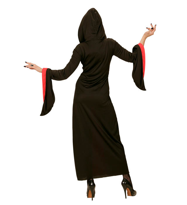 Schwarzes Gothic Lady Kleid mit Kapuze für Fasnacht und Mottopartys
